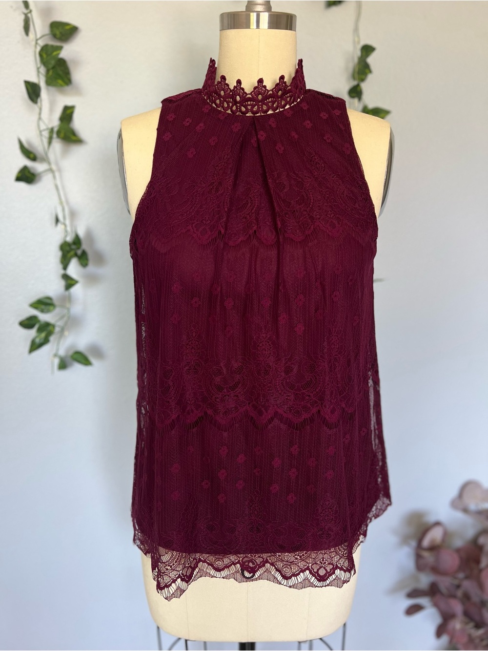 BCX Burgundy Lace High Neck Halter Top Sz S Boho Chic Romantic